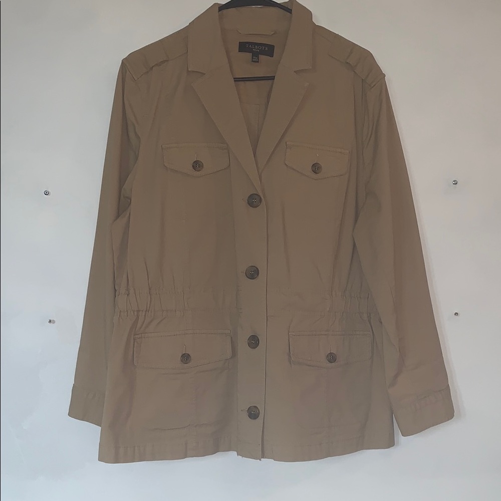 Talbots Tan Utility Jacket with Notched Lapel and Structured Shoulders